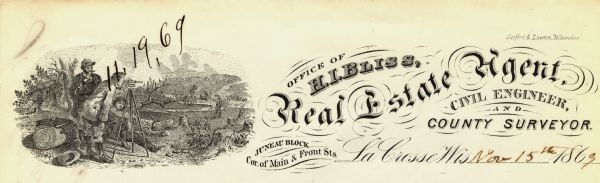Letterhead of H.I. Bliss, a real estate agent, civil engineer, and county surveyor in La Crosse, Wisconsin. On the left a group of three men are surveying a parcel of land cleared of trees, while a fourth man is posted in the field. The letterhead text employs several different typefaces and undulating lines. Printed by Seifert & Lawton, Milwaukee.