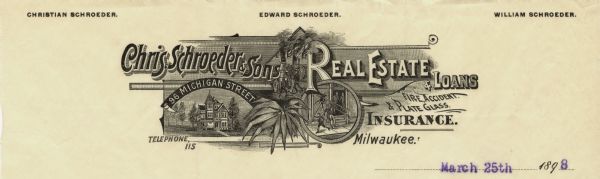 Letterhead of Christian Schroeder & Sons, a real estate, loan, and insurance agent in Milwaukee, Wisconsin, with a three-quarter view of a residence, two men fighting a fire outside a burning building, and a man holding a ladder and a boy outside a storefront with a broken plate glass window, with two other individuals standing in the doorway.