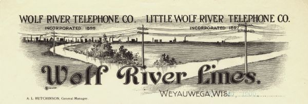 Letterhead of Wolf River Lines, a telephone company in Weyauwega, Wisconsin, with telephone poles and wires spanning a river with silhouettes of buildings in the background.