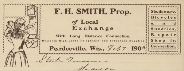 Letterhead of F.H. Smith, proprietor of a local and long distance telephone company, bicycle shop, and dry goods business in Pardeeville, Wisconsin, with an illustration of a woman making a call with a wall-mounted candlestick telephone. Printed in brown ink on lined tan colored paper.