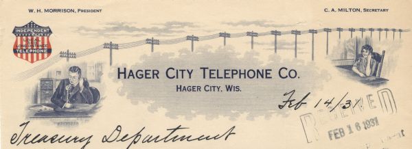 Letterhead of the Hager City Telephone Company of Hager City, Wisconsin, with a line of telephone poles and wires connecting a man in a business suit sitting at a desk in an office with a woman sitting at a table, both of whom are talking on candlestick telephones. A seal for independent local and long distance telephone service includes stars and stripes. Printed in blue ink with red accents.