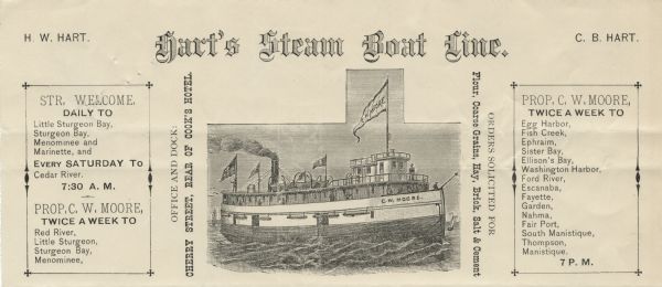 Letterhead of Hart's Steam Boat Line of Green Bay, Wisconsin, with a steam boat named after the proprietor, C.W. Moore, with a flag bearing the same name. Several people are visible standing aboard ship.