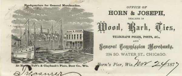 Letterhead of the Horn's Pier (Door County) office of Horn & Joseph, dealers in general merchandise, including "Wood, Bark, Ties, Telegraph Poles, Posts, &c.," with a three-quarter view of the storefront with boats on the water in the foreground and buildings in the distance. Horn's Pier in Clay Banks Township was active in the logging trade from the 1860s to around 1900.