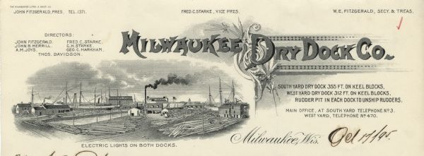 Memohead of the Milwaukee Dry Dock Company, which operated two docks, with a view of a dock with ships, planks of wood, buildings, and the slogan, "Electric Lights on Both Docks." Printed by the Milwaukee Lithographing and Engraving Company.