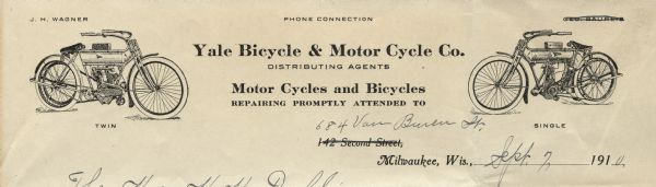 Letterhead of the Yale Bicycle & Motor Cycle Company of Milwaukee, distributors and repairers of motorcycles and bicycles, with views of single and twin models of motorcycles on either side.