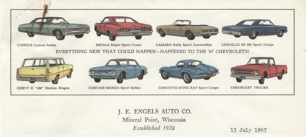Letterhead of the J.E. Engels Auto Company of Mineral Point, Wisconsin, with three-quarter views of various Chevrolet models, including the Caprice, Impala, Camaro, and Chevy, and the motto "Everything New That Could Happen--Happened to the '67 Chevrolets!" Printed in color.