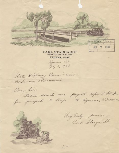 Letterhead of Carl Stargardt, bridge contractor in Athens, Wisconsin, with two-color illustrations in brown and green inks of an automobile heading toward a bridge in a country setting at the top of the page, and another at the lower left-hand corner of two men working with bags of concrete and a concrete mixer.
