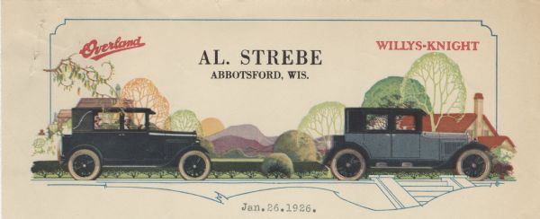 Letterhead of Al. Strebe, dealer of Overland and Willys-Knight automobiles in Abbotsford, Wisconsin, with side views of women driving and riding in two automobiles along an elevated road with delicately rendered trees and houses in the background. The Willys-Knight was produced by the Willys-Overland Company, Toledo, Ohio. Printed in color.