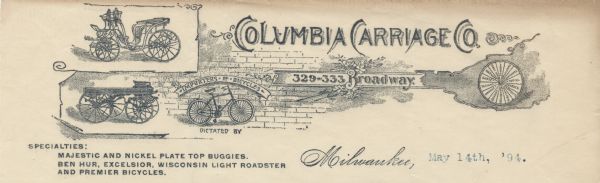 Letterhead of the Columbia Carriage Company of Milwaukee, specialist in buggies and importer of bicycles, with views of buggies and a bicycle, a brick background, and a wheel with names of various conveyances between the spokes. Printed in green ink.