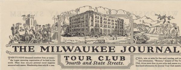 Letterhead of the Milwaukee Journal Tour Club, a national automobile club, with a three-quarter view of the company building surrounded by scenes of a hotel lobby with people chatting and reading newspapers, and other guests standing at the registration desk; and another scene of a man and a woman consulting a map near their automobile, with mountains in the background.