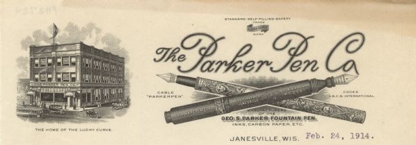 Letterhead of the Parker Pen Company, with a three-quarter view of the company building, with people walking on the sidewalk, and a streetcar, automobiles, and a horse-drawn wagon in the road; two examples of Parker fountain pens, one with detailed images of American Indian figures; and the trademarked "Lucky Curve" logo. The "Lucky Curve" was an improved ink feed feature for fountain pens patented by Parker Pen in 1894.