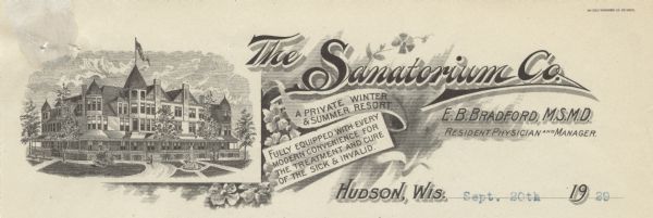 Letterhead of The Sanatorium Company, with a three-quarter view of the sanatorium building set into a background of flowers and banners proclaiming the benefits of the "private winter & summer resort" for the "treatment and cure of the sick & invalid".
