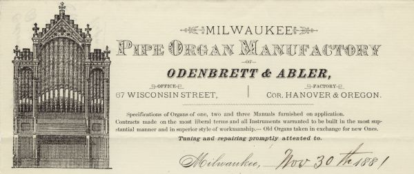 Letterhead of Odenbrett & Abler, a "pipe organ manufactory" in Milwaukee, Wisconsin, with an example of an ecclesiastical pipe organ with five crosses along the top.