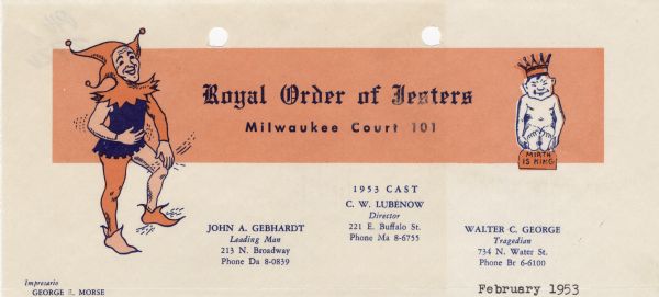 Letterhead of the Royal Order of Jesters, Milwaukee Court 101, with a jester slapping his knee on the left, and a baby on the right wearing a crown and sitting on a sign that reads, "Mirth is King". Printed in orange and blue ink.