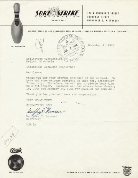 Letterhead of the Sure Strike Corporation of Milwaukee, manufacturers of ABC Regulation bowling lanes, and bowling and billiard equipment, with an ABC Regulation bowling pin and an Ebonite ("The Ball that Rolls Rite") bowling ball.