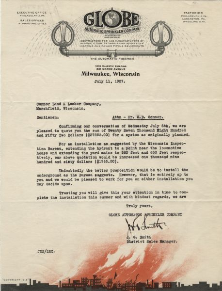 Letterhead of the Globe Automatic Sprinkler Company of Milwaukee, Wisconsin, with a globe within the "O" of the company name, a sprinkler releasing water over a sprinkler with two heads spouting water, and the slogan, "The Automatic Firemen," and a footer image of a cityscape beset with a blazing fire accented in red ink.