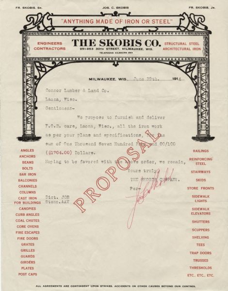 Letterhead of the Skobis Company of Milwaukee, Wisconsin, with the slogan, "Anything Made of Iron or Steel," and a gateway with corner ornaments and space for a name in an iron frame at the top. Printed in red and black ink with listings of their products along the sides of the page.
