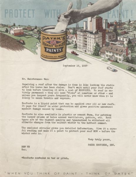 Letterhead of Patek Brothers, Inc., of Milwaukee, Wisconsin, a paint company, with a halftone image of a hand dipping a brush into a can of Patek paint, elevated views of rural and urban landscapes in the background, and the slogans "Protect with Paint!" at the top and "When You Think of Paint, Think of Patek" at the bottom of the page. The can of paint and the background illustrations are printed in color.
