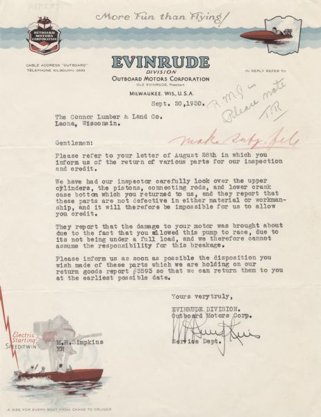 Letterhead of the Evinrude Division of Outboard Motors Corporation of Milwaukee, Wisconsin, with the corporation logo and a man racing along in a boat with an outboard motor set on a border of three blue waves, the slogan, "More Fun than Flying!," and at the bottom of the page, three people in a boat gesturing and turning to look at an oversize Speeditwin outboard motor, an electric ray, and the motto, "A Size for Every Boat from Canoe to Cruiser."