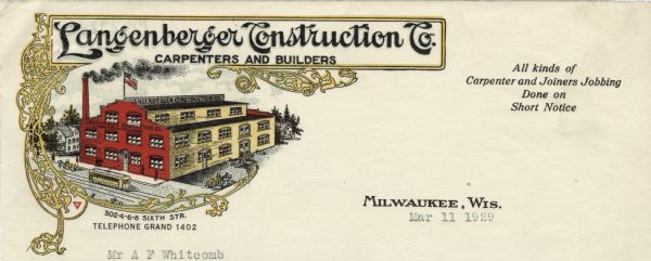 Letterhead of the Langenberger Construction Company of Milwaukee, Wisconsin, with an elevated three-quarter view of the company building and traffic in the surrounding streets, framed by intricate scrolling printer's ornaments. Printed in color.