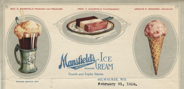 Letterhead of Mansfield's Ice Cream made by the Geo. C. Mansfield Company of Milwaukee, Wisconsin, with color illustrations of a mug with an ice cream float, a plate with a serving of Neapolitan ice cream, and an ice-cream cone set against oval backgrounds. The slogan at the bottom of the page (not included here) advises, "Eat a Plate of Ice Cream Every Day!"
