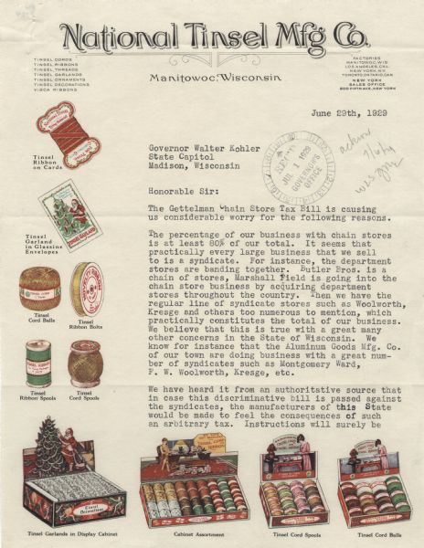Letterhead of the National Tinsel Manufacturing Company of Manitowoc, Wisconsin, with images of tinsel products, including a packaged tinsel garland; ribbon and cord cards, balls, spools, and bolts; and boxes of the same product lines intended for store holiday and gift displays along the left margin and the bottom of the page. Printed in color.