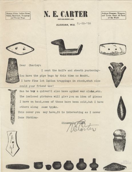 Letterhead of N.E. Carter of Elkhorn, Wisconsin, a dealer in Indian relics and other curios from around the world, with images of individual artifacts, such as arrowheads, stonework, and pottery  arrayed around the page.