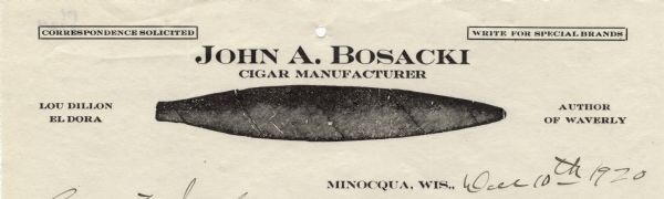 Letterhead of John A. Bosacki of Minocqua, Wisconsin, a cigar manufacturer, with an image of a cigar rolled in the "perfecto" shape.