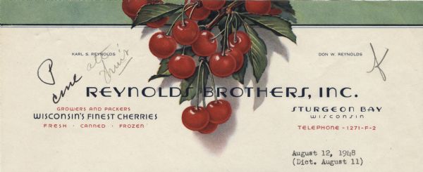 Letterhead of Reynolds Brothers of Sturgeon Bay, Wisconsin, growers and packers of fresh, frozen, and canned Door County cherries, with a leafy branch laden with red cherries against a green border along the head of the page.