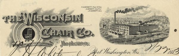 Memohead of the Wisconsin Chair Company of Port Washington, Wisconsin, with its McLean patented swing rocking chair set against a circular background with two decorative borders and an elevated view of the factory, surrounding streets, and boats on the water alongside the building.