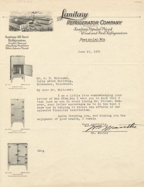 Letterhead of the Sanitary Refrigerator Company of Fond du Lac, Wisconsin, manufacturers of wood and steel refrigerators, with an elevated three-quarter view of the factory and three "popular priced" models of steel refrigerators, ranging in cost from $12.00 to $16.03. Printed by Isler-Tompsett, St. Louis.