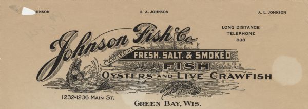 Memohead of the Johnson Fish Company of Green Bay, Wisconsin, wholesalers of "fresh. salt. & smoked fish, oysters and live crawfish," with a fish being pulled out of the water on a line and a crawfish in the foreground. A wooded area forms the background for the memohead text.