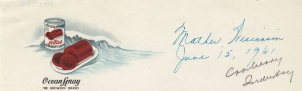 Letterhead of the Ocean Spray brand of cranberries, with a can of jellied cranberry sauce and a serving dish with the sauce retaining the shape of its can and two slices of deep red sauce against a background of a blue ocean wave with a frothy white crest. The slogan, "Ocean Spray the Growers' Brand," is printed in small type beneath the image. The foot of the page, not included here, notes, "Member National Cranberry Association," and a small logo for "Grower Packed".