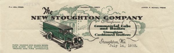 Letterhead of the New Stoughton Company, manufacturers of truck cabs and bodies, wagons, bob sleds, spreaders, and "Stoughton Cushioned Trailers," with a three-quarter view of a truck coming down the road and a cityscape in the background. Printed in green and black ink. The foot of the page, not shown here, includes a small logo and the slogan "A Stoughton Cushioned Trailer for Every Purpose".