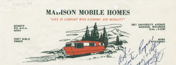 Letterhead of Madison Mobile Homes, with a three-quarter view of a mobile home parked in a clearing near a wooded area on a shoreline, with the slogan "Live in Comfort with Economy and Mobility". Printed in green and orange inks. The foot of the page, not included here, notes "Quality Trailer Homes Priced Right".
