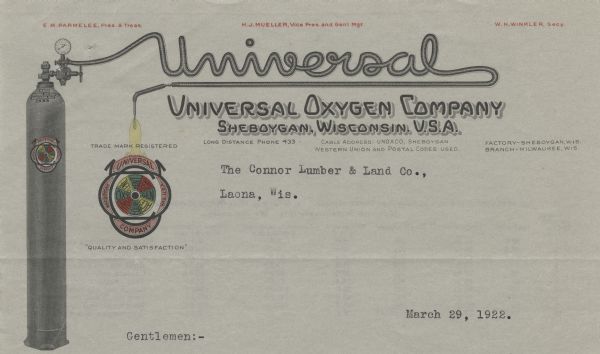 Letterhead of the Universal Oxygen Company of Sheboygan, Wisconsin, manufacturers of oxygen, hydrogen, and acetylene gases and metal cutting and welding equipment and designers and builders of gas plants. On the left side is a Universal oxygen tank whose valve extends to form the Universal name before dropping gas onto the four-color company logo, printed in red, yellow, green, and black inks. The logo also appears on the tank.