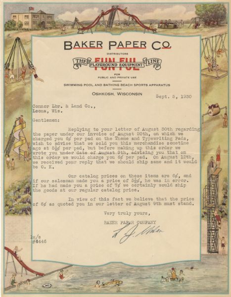 Letterhead of the Baker Paper Company of Oshkosh, Wisconsin, paper manufacturers and distributors of Fun Ful playground and swimming pool equipment, with a full-color border around the entire page of children playing on slides, swings, and a roller near a school at the top of the page and adults and youths diving and playing in a swimming pool at the bottom of the page.