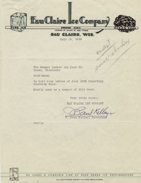 Letterhead of the Eau Claire Ice Company, with an elongated capital letter "I" in the company name, a cube of "Pure Ice" and a lump of "Clean Coal," and a footer with an icebox and the slogan, "We Carry a Complete Line of High Grade Ice Refrigerators". Printed in blue and black inks.