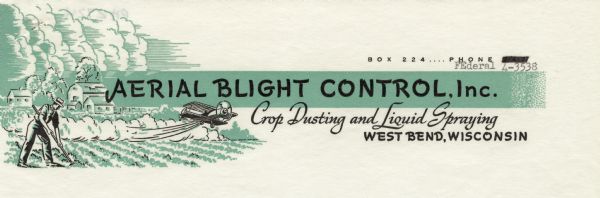 Letterhead of Aerial Blight Control, Inc., with a man using a hoe while a crop duster sprays the field. Farm buildings and clouds are seen in the distance. Printed in green and black inks.