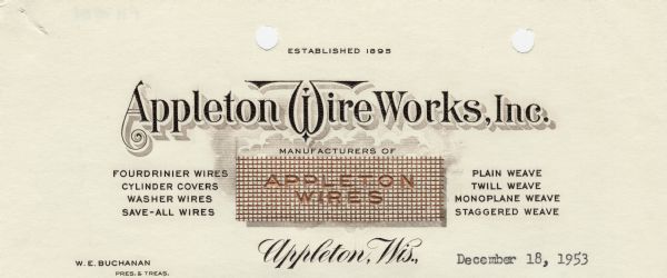 Letterhead of Appleton Wire Works, Inc., with the company name in embossed, shadowed lettering, and a wire grid with "Appleton Wires" printed with embossed, copper-colored ink.