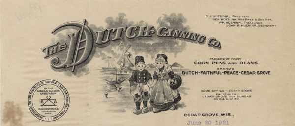 Letterhead of The Dutch Canning Company of Cedar Grove, Wisconsin, "Packers of Fancy Corn Peas and Beans," with a boy and girl in traditional clothing and wooden shoes strolling hand-in-hand along the shore. A windmill, buildings, and two boats are visible in the background.