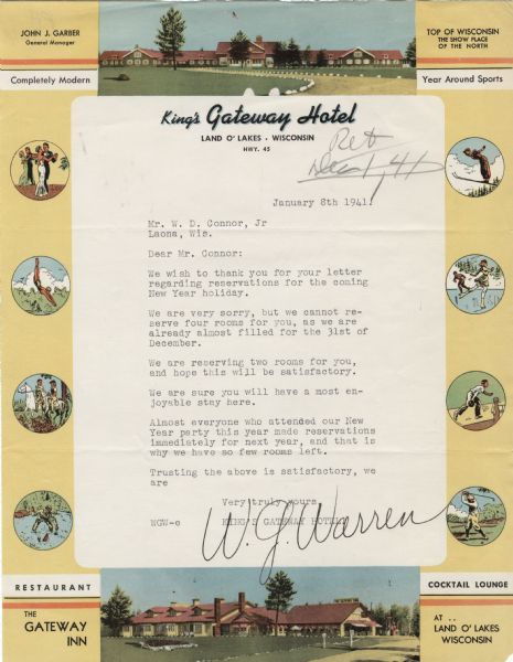 Letterhead of the King's Gateway Hotel of Land O' Lakes, Wisconsin, with header and footer color views of the hotel and neighboring Gateway Inn. There are spot illustrations in color along the left- and right-hand sides of the page of guests dancing, diving, horseback riding, fishing, skiing, ice skating, bowling, and golfing.
