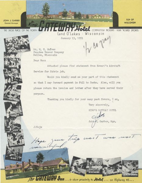 Letterhead of the King's Gateway Hotel in Land O' Lakes, Wisconsin, with header and footer views of the hotel and nearby Gateway Inn in color, and overlapping small square black and white illustrations of pastimes available at "The Show Place of the North," including dining, dancing, bowling, swimming, playing tennis, fishing, shooting, riding, golfing, practicing archery, airplane flying, and engaging in winter sports, along the left-hand side and bottom of the page.
