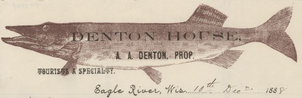 Letterhead of Denton House of Eagle River, Wisconsin, with a profile view of a fish printed in brown ink across nearly the entire width of the page, and the slogan "Tourists a Specialty."