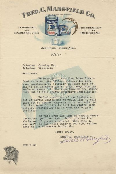 Letterhead of the Fred. C. Mansfield Company of Johnson Creek, Wisconsin, with contoured lettering, a can of evaporated milk, a hand pouring evaporated milk from another can into a cup, and a crescent-shaped banner reading, "Rich in Quality," against a background of clouds; a background image in the center of the page of a wrapped package of Mansfield's butter; and a footer view of the company trademark, a three-quarter view of a Jersey cow's head. Printed in blue, black, red, and gold inks by the Cootey Company, Minneapolis.