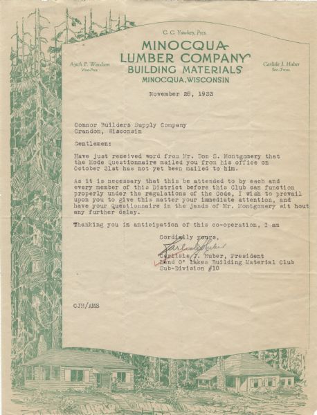 Letterhead of the Minocqua Lumber Company, with a footer of two houses near the water's edge with a forest in the background that extends along the left-hand side of the page. Printed in green ink.