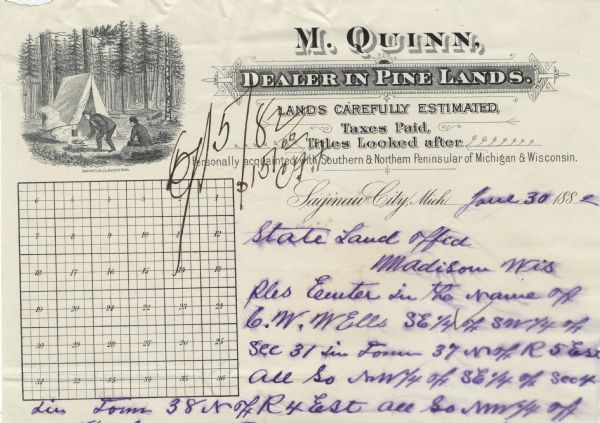 Letterhead of M. Quinn, "Dealer in Pine Lands," with two men in front of a tent at a campsite, one of whom is cooking over a campfire and the other is sitting on a log and smoking a pipe, and another rendering of numbered plats of land. Printed by Calvert Lith. Co., Detroit, Michigan.