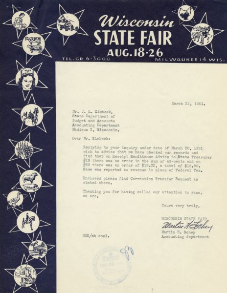 Letterhead for the Wisconsin State Fair, with dark blue top and a side panel along the left-hand side with roundels depicting fair activities such as fair animals, race cars, dancing girls, horse cart races, tractor displays, and Alice in Dairyland, superimposed on stars.