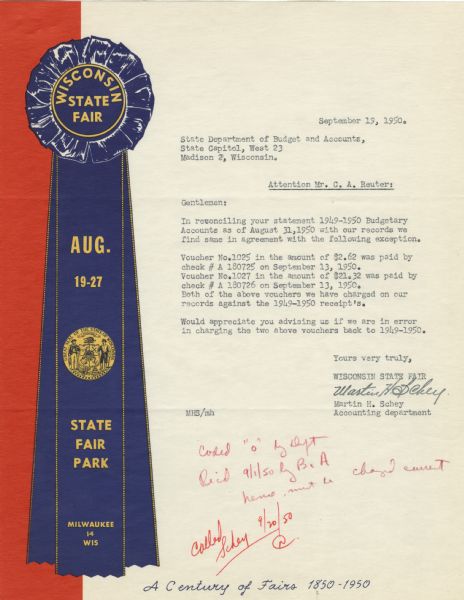 Letterhead for the Wisconsin State Fair, with a blue ribbon against a red band on the left-hand side. The state fair ribbon includes the state seal and dates of the fair.
