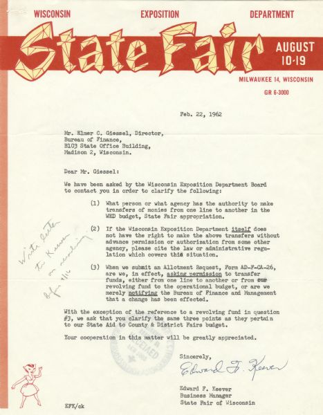 Letterhead for the Wisconsin State Fair, with "State Fair" in faceted yellow letters against a red band. An illustration of a female figure in a dress with a badger head appears in the lower left-hand corner.